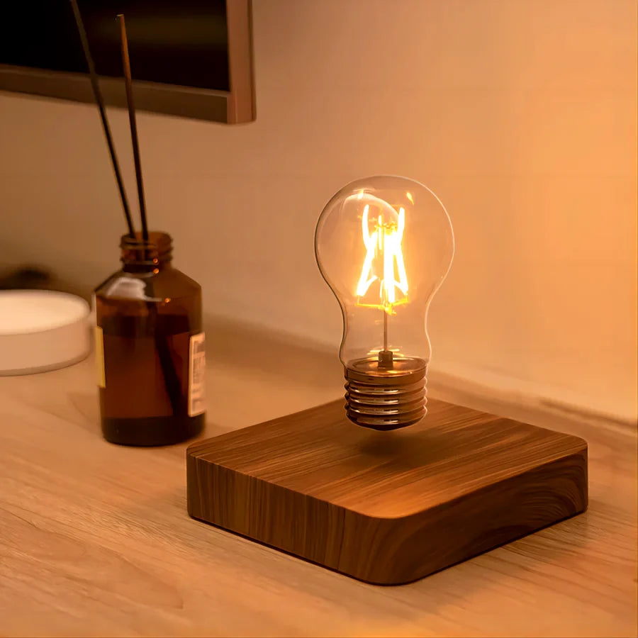 Ampoule à lévitation magnétique sur socle effet noyer