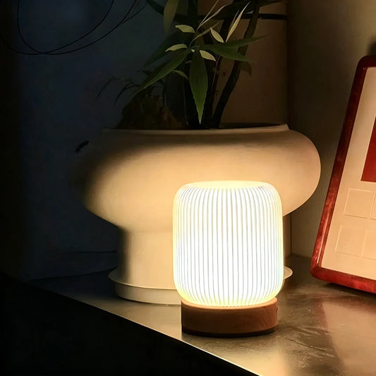 Lampe plissée sans fil à socle effet bois